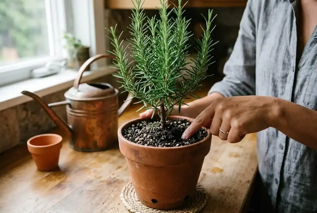 Gardener checking soil moisture in a potted herb container with a finger before gentle watering