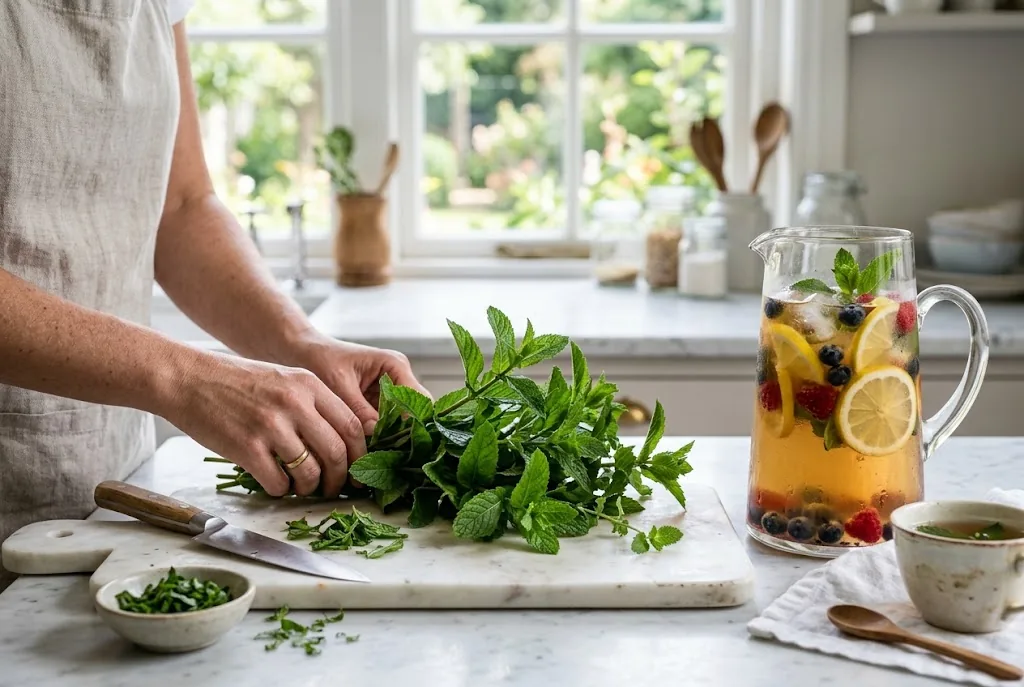 Freshly picked mint leaves on a kitchen cutting board beside a pitcher of iced mint tea