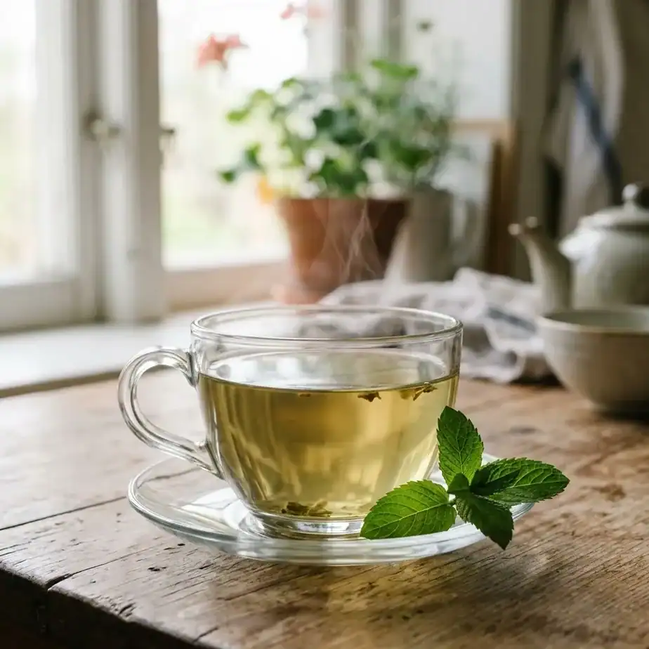 A clear glass cup of brewed herbal tea with a wisp of steam rising, a fresh sprig of mint on the saucer beside it, photographed in soft natural window light