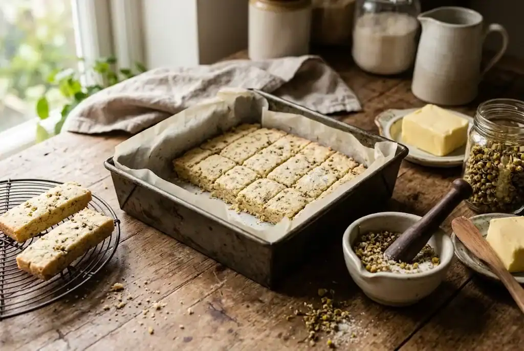 Pale gold chamomile shortbread fingers in a lined tin with two lifted onto a cooling rack, their crumb flecked with ground chamomile, beside a mortar of chamomile and sugar
