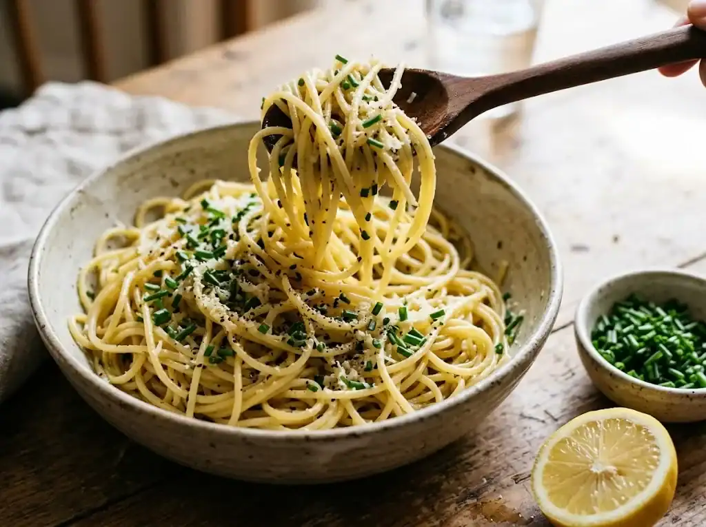 A bowl of warm pasta tossed with chopped chives, olive oil, and grated parmesan being lifted with a wooden spoon