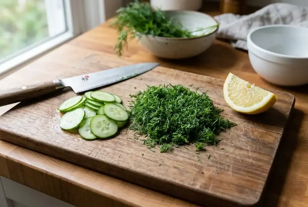 Freshly chopped dill on a wooden cutting board alongside sliced cucumber and a lemon wedge