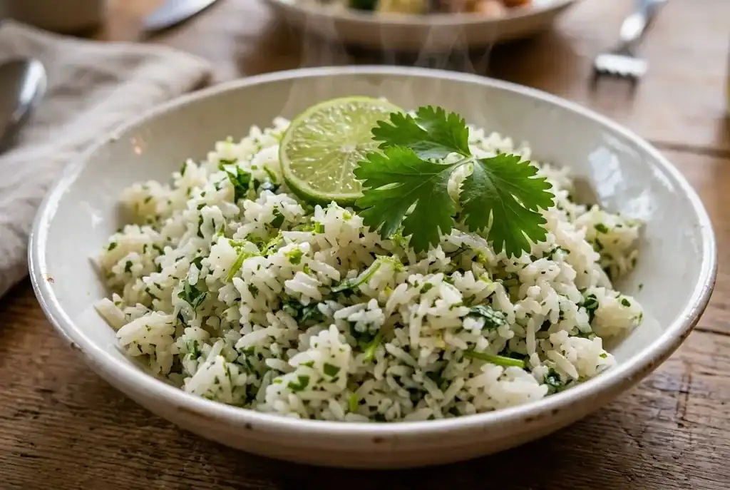 Fluffy long-grain cilantro lime rice flecked with minced fresh cilantro and lime zest in a white ceramic serving bowl