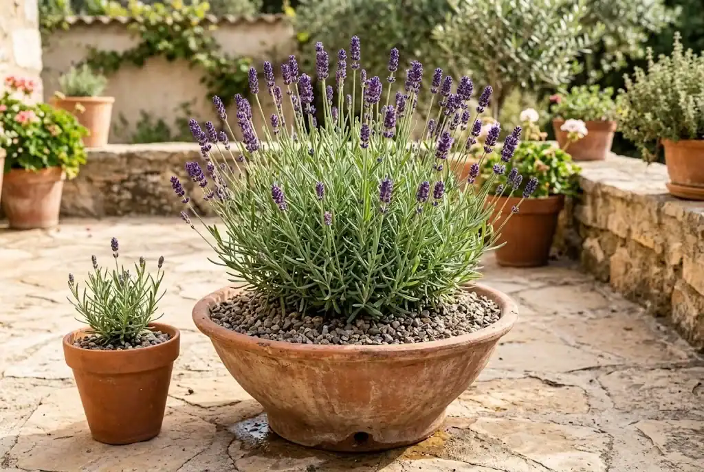 A wide terracotta pot holding an English lavender in full bloom on a sunny patio