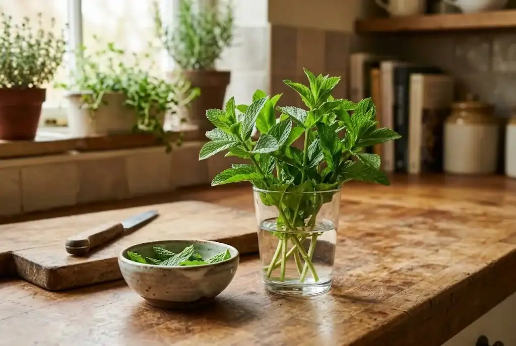 Fresh spearmint stems standing upright in a glass of water on a kitchen counter