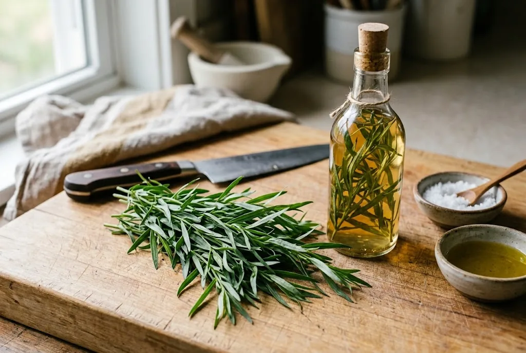 Fresh tarragon sprigs on a cutting board with tarragon-infused vinegar