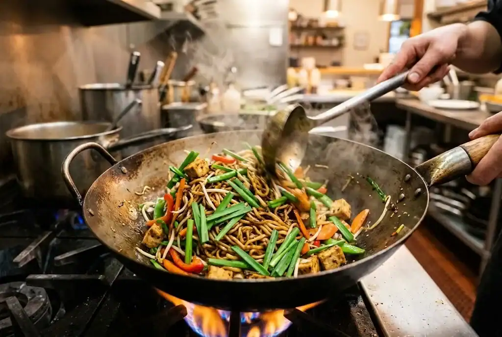 Chopped garlic chive batons tossed in a hot skillet with noodles and vegetables