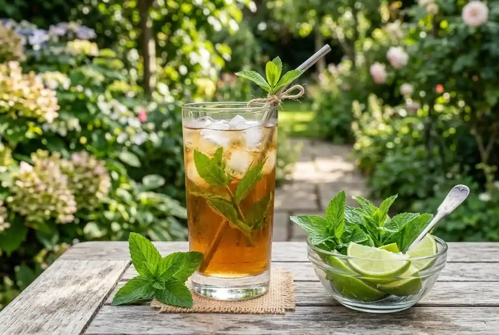 Tall glass of iced tea garnished with fresh mint sprigs on a sunny garden table
