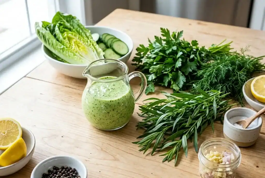 Pouring jar of bright green goddess dressing surrounded by fresh tarragon sprigs, parsley, dill, and crisp salad vegetables