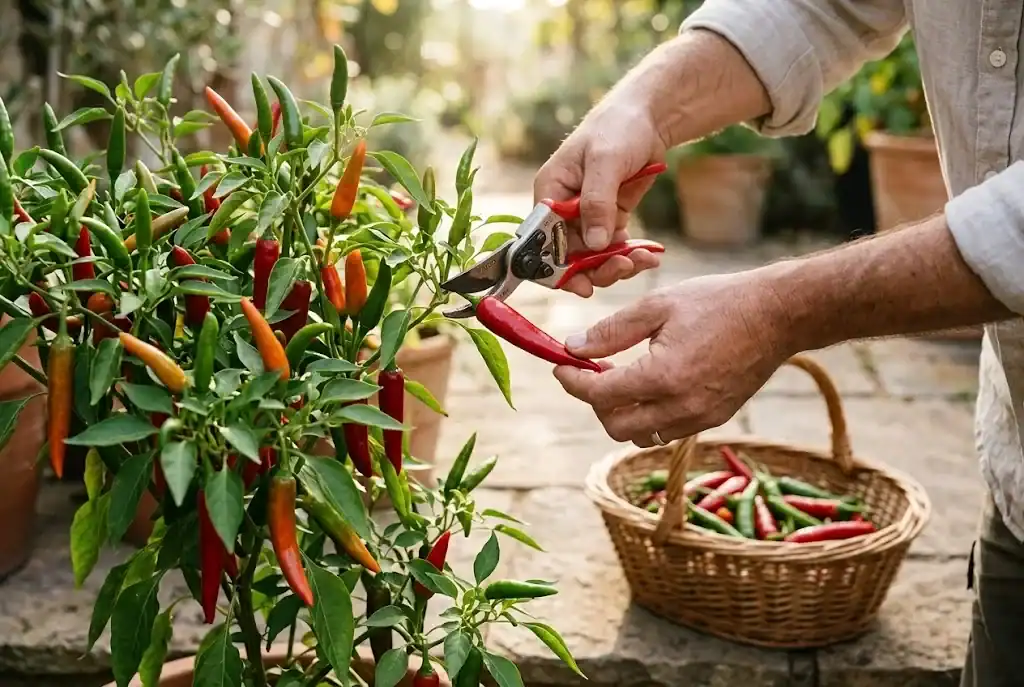 Hand cutting a single ripe red chili pepper from a heavily loaded plant with a wicker harvest basket nearby