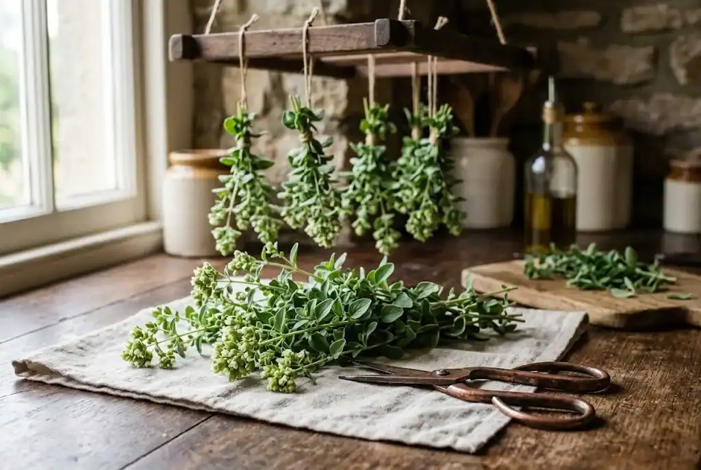 Freshly harvested marjoram sprigs and drying herb bundles