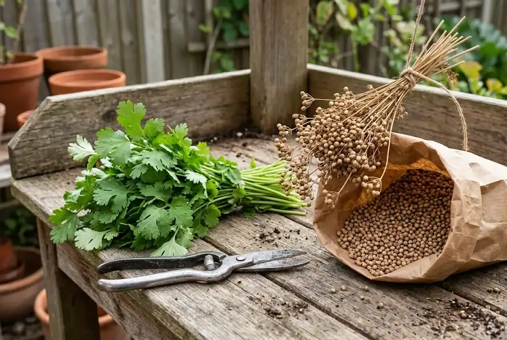 Freshly harvested cilantro leaves and dry coriander seed heads on a potting bench