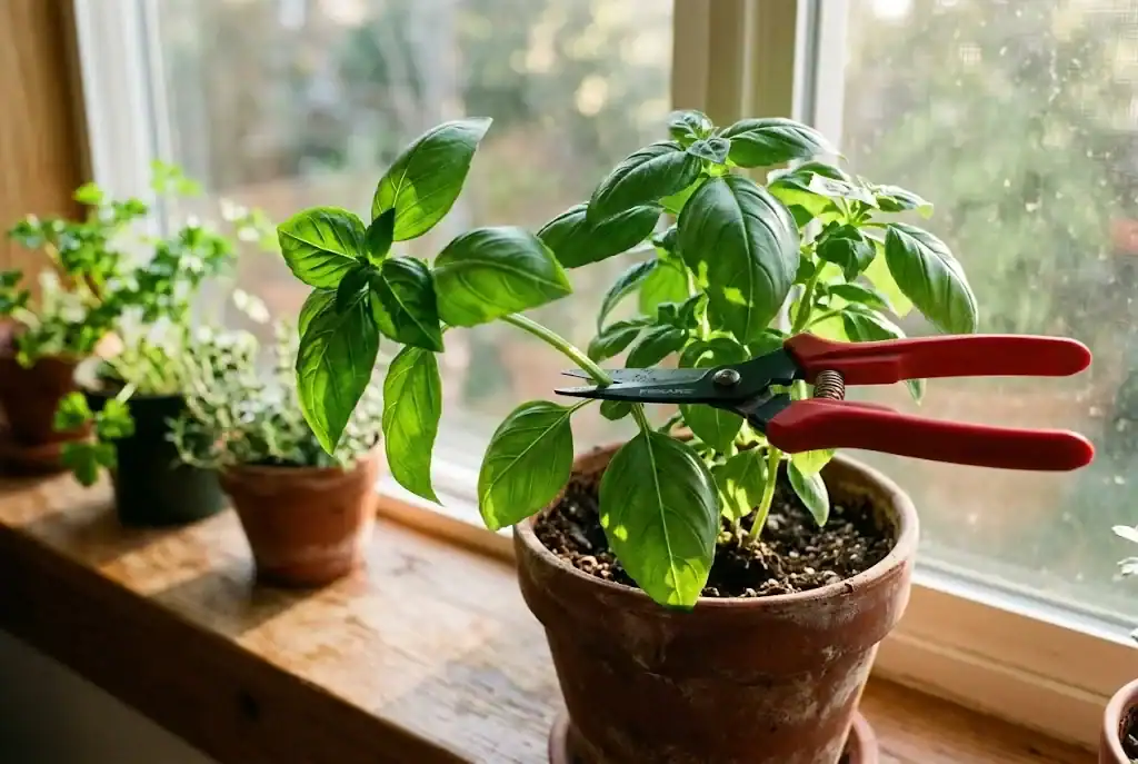 Garden snips cutting the top of a bushy basil plant just above a pair of leaves in a sunny windowsill