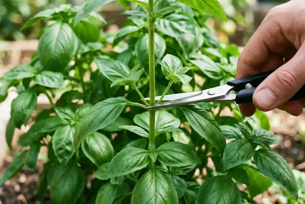 Clean kitchen snips harvesting top basil leaves just above a set of leaf nodes