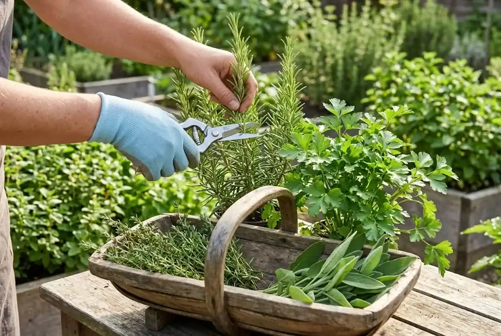 Herb snips harvesting fresh culinary rosemary and parsley in wooden garden trug