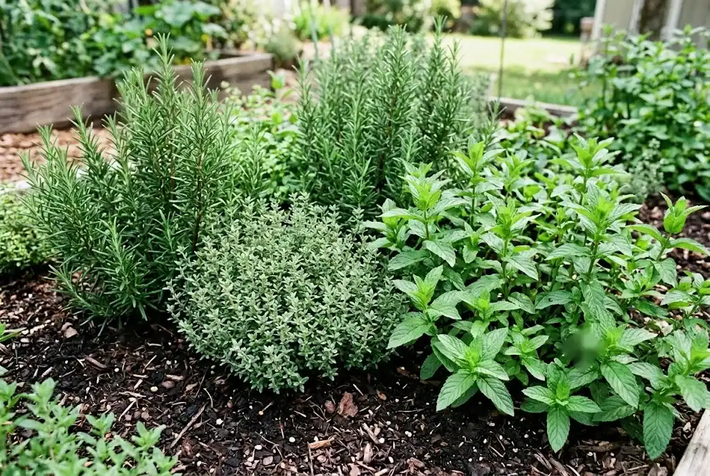 Thriving rosemary, thyme, and spearmint growing in rich, well-drained organic soil in a garden bed