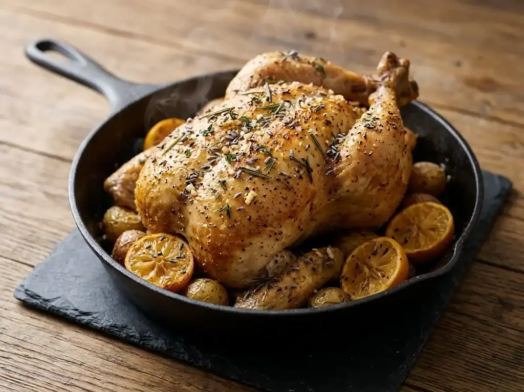 Golden roasted whole chicken in a cast-iron skillet seasoned with Herbes de Provence, rosemary, and culinary lavender