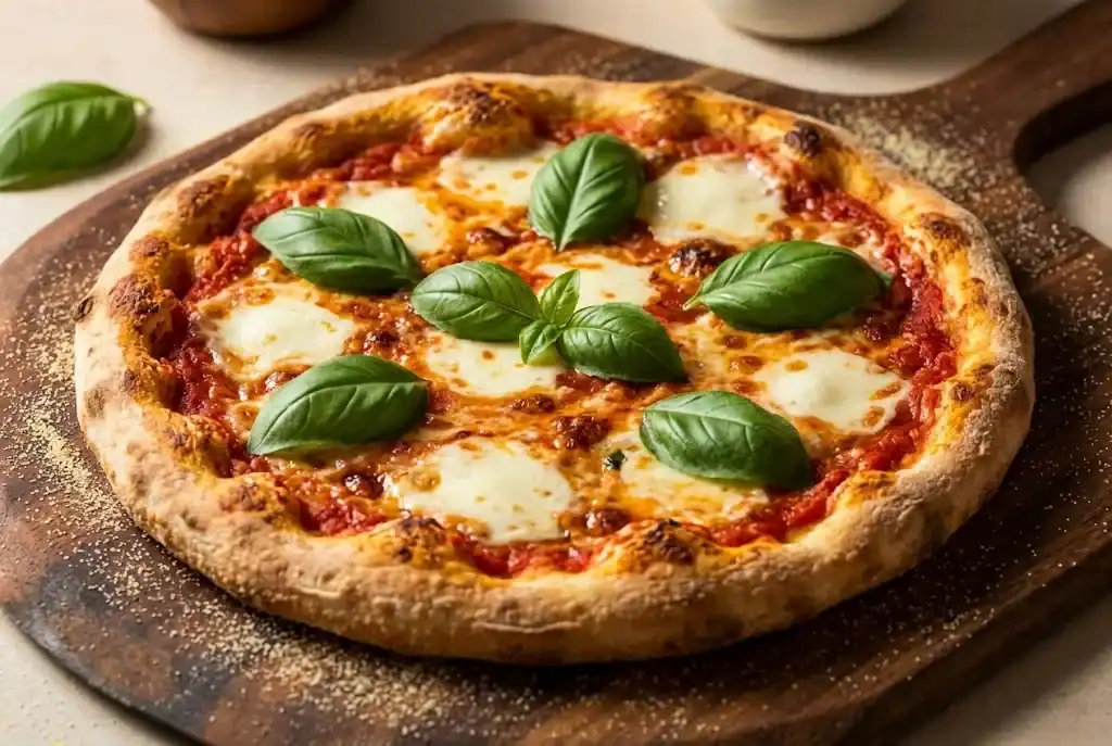 Crispy homemade pizza Margherita topped with melted mozzarella, rich tomato sauce, and fresh whole sweet basil leaves