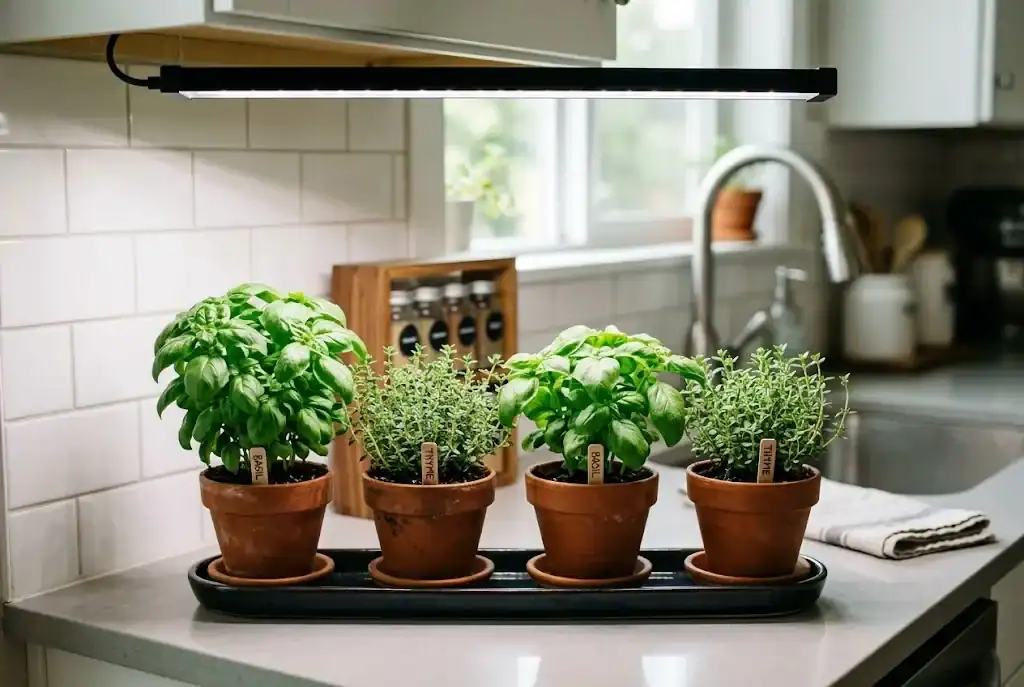 Compact indoor kitchen herb garden illuminated by an LED grow light fixture