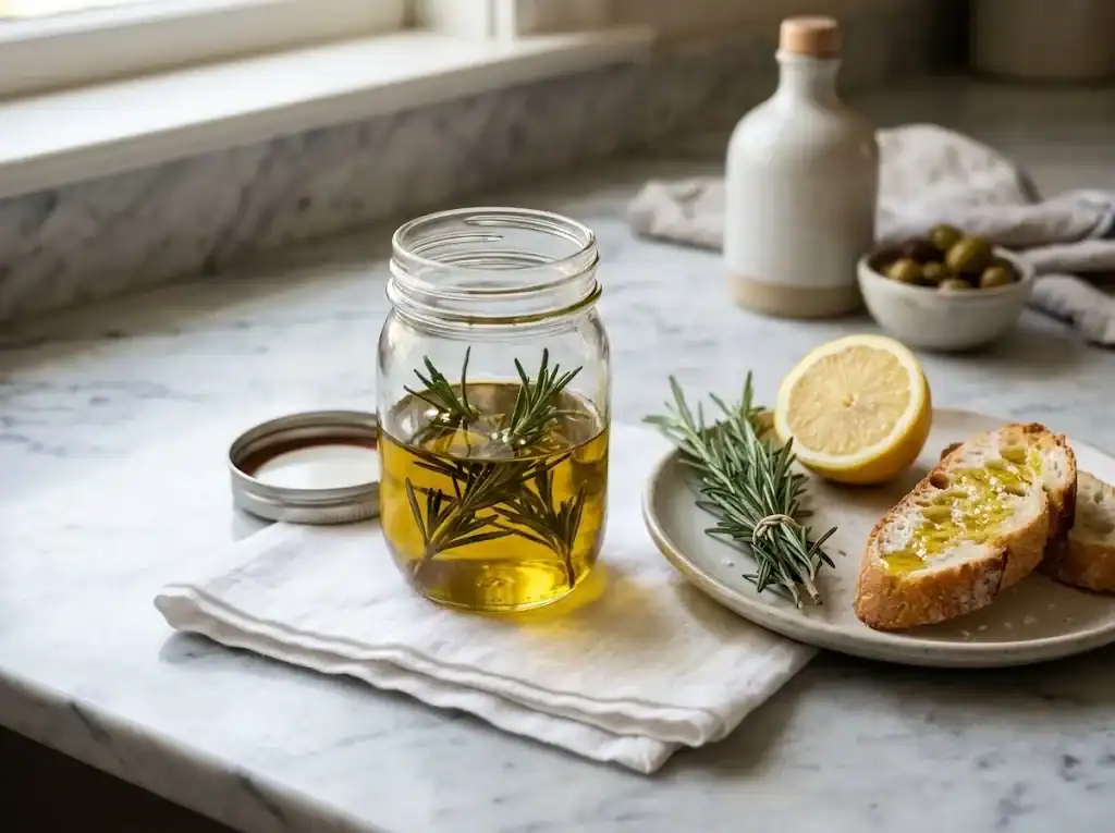 Glass jar of rosemary infused olive oil with fresh sprigs, lemon, and baguette