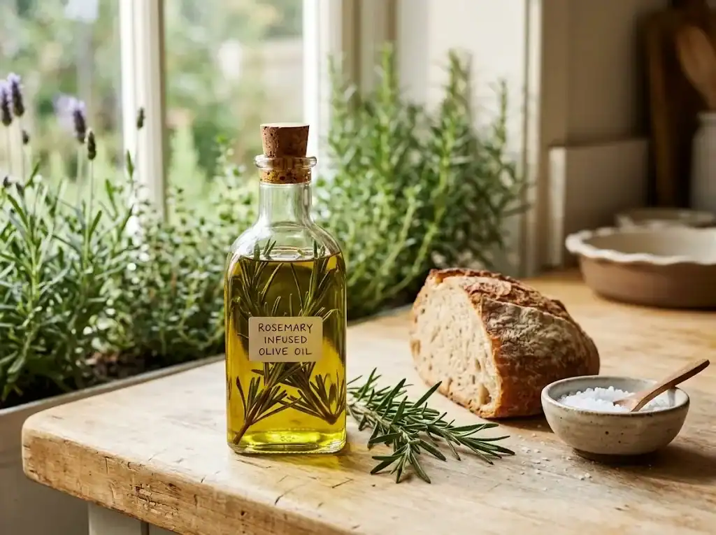 A small glass bottle of rosemary-infused olive oil beside fresh sprigs