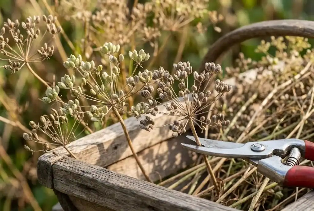 Mature grey-brown anise seed heads ready for late summer harvest with garden shears