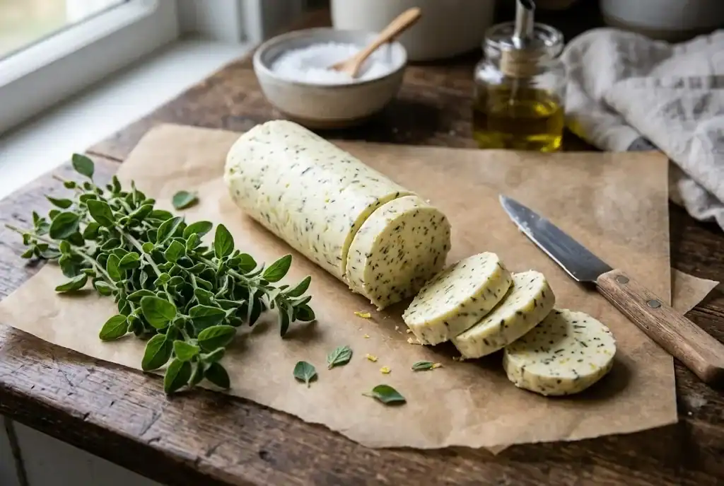 Savory compound herb butter sliced into medallions flecked with fresh oregano and lemon zest