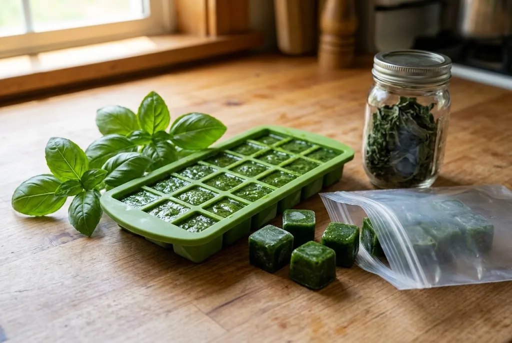Frozen basil puree cubes in an ice cube tray and dried basil leaves for winter preservation