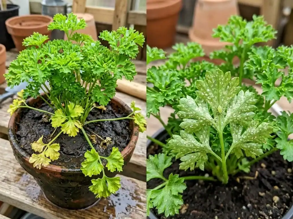 Two parsley plants showing yellowing leaves from wet soil and aphid damage on leaflets