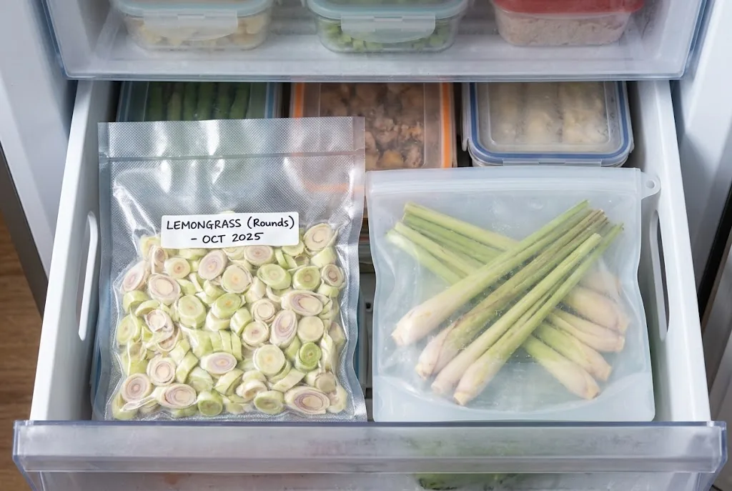 Airtight vacuum-sealed freezer bag and zip pouches containing frozen lemongrass in a home freezer