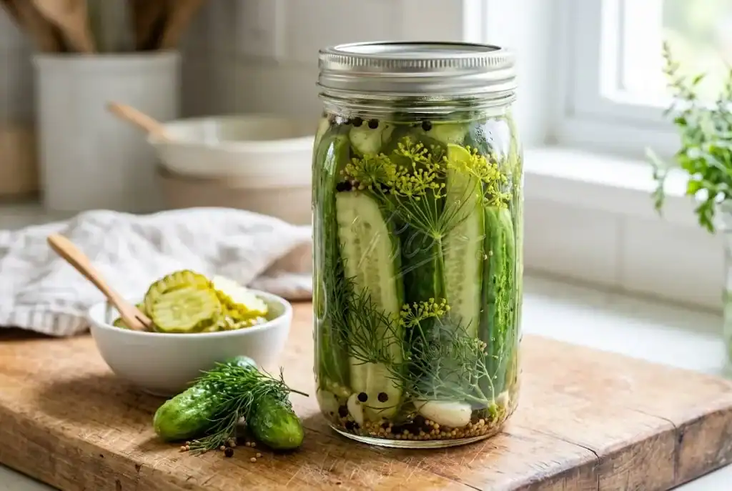A glass quart mason jar packed with crisp cucumber spears in seasoned pickling brine with garlic cloves, peppercorns, and flowering dill heads