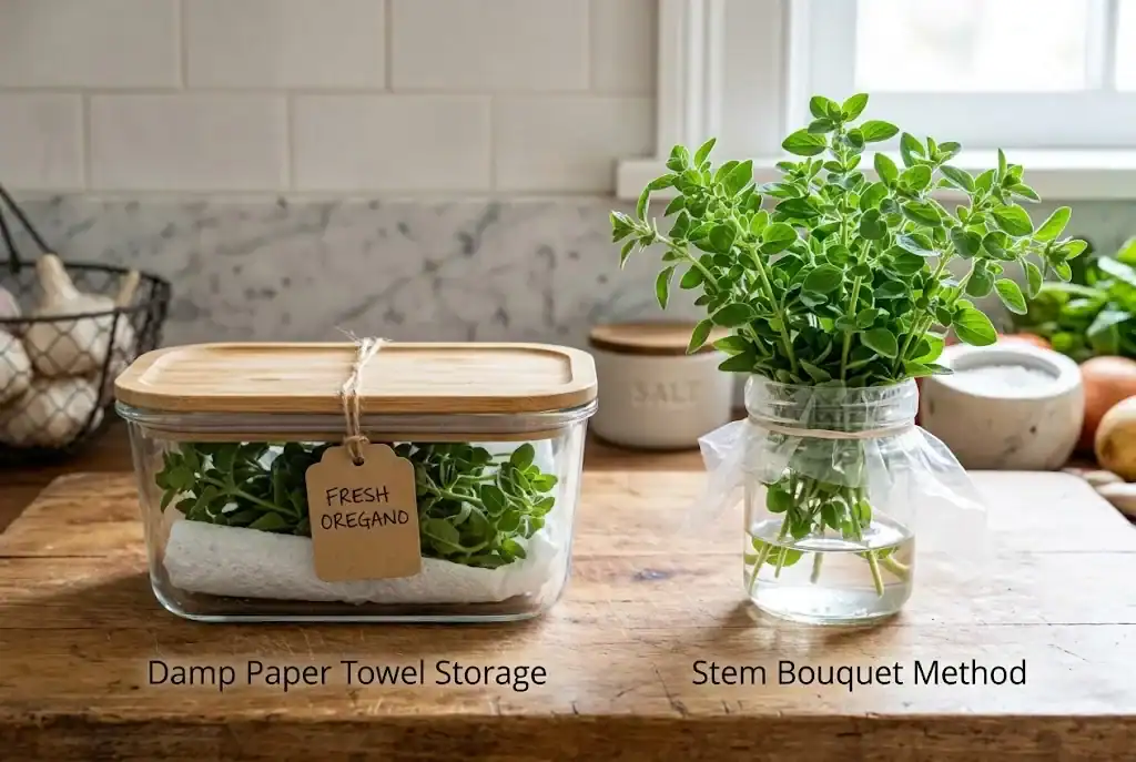 Fresh oregano sprigs stored in damp paper towels inside a glass container and upright in a water jar