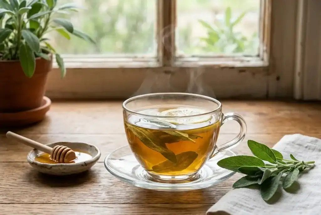 Steaming cup of golden garden sage herbal tea with fresh sage leaves and lemon slice
