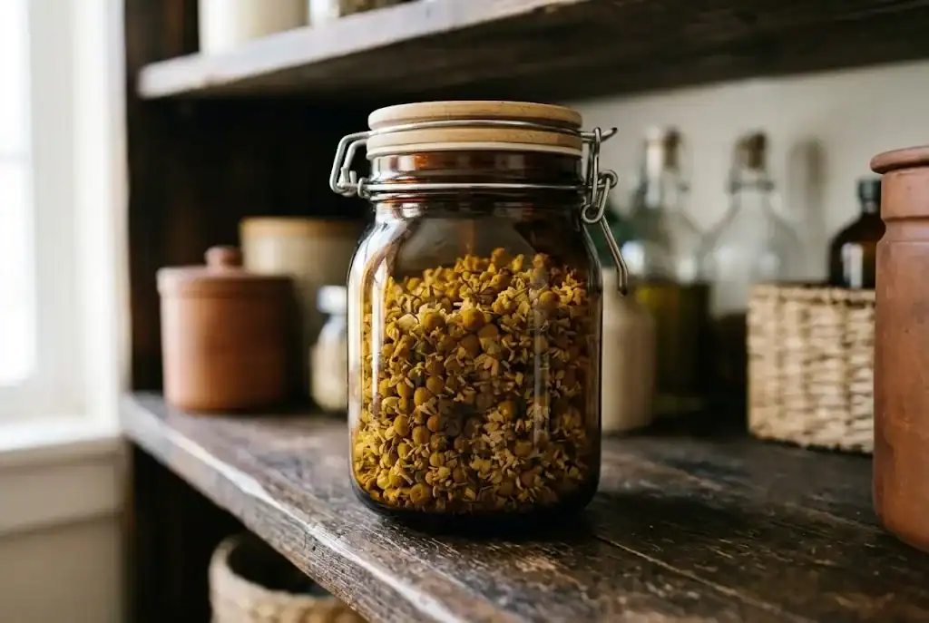 Whole dried chamomile flower heads stored in a dark glass airtight jar on a clean pantry shelf