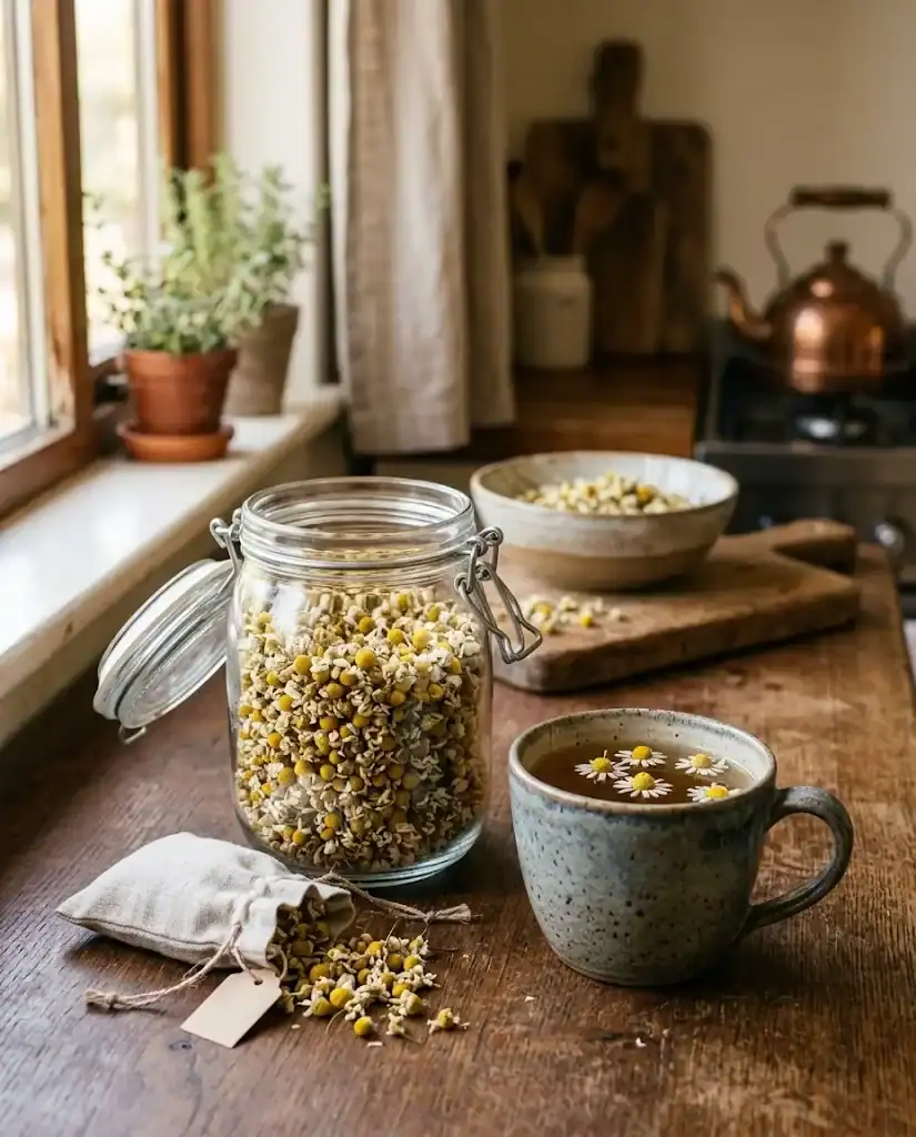 A glass jar of dried chamomile beside a stoneware mug of chamomile tea on a kitchen counter