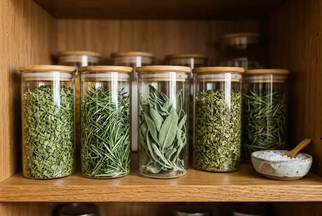 Airtight glass spice jars filled with whole dried oregano, rosemary, and sage on a wooden pantry shelf
