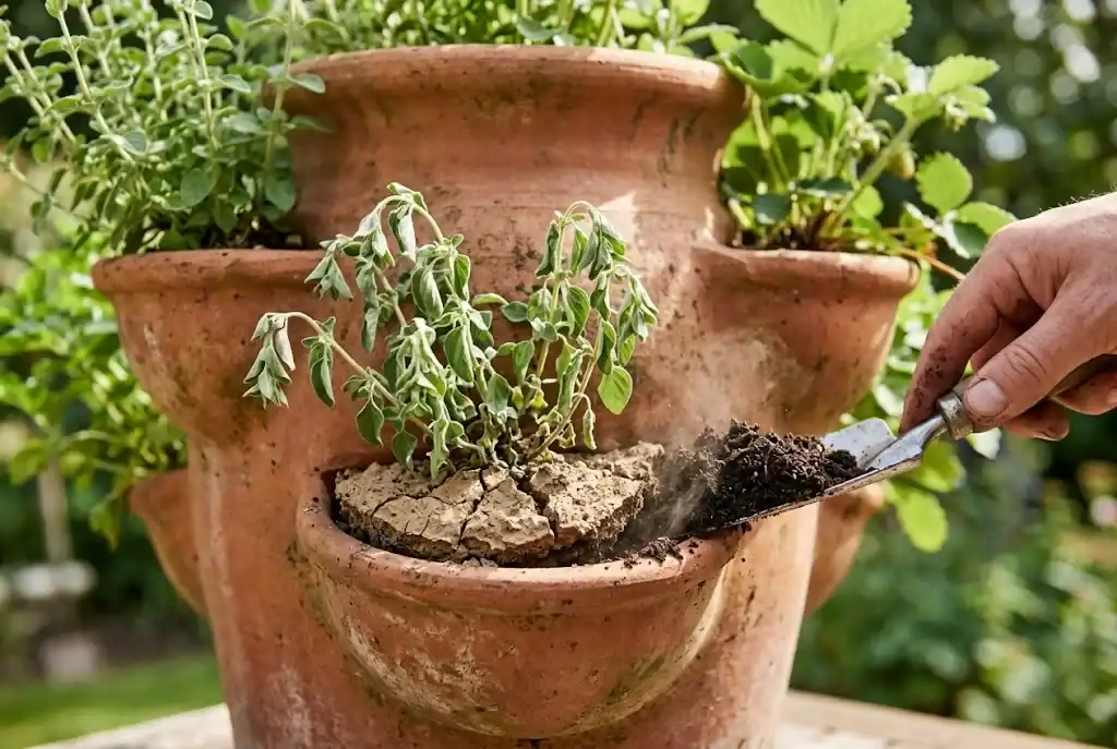 Bottom pocket of a strawberry pot with the soil pulled away from the terracotta wall, a trowel pressing in fresh mix