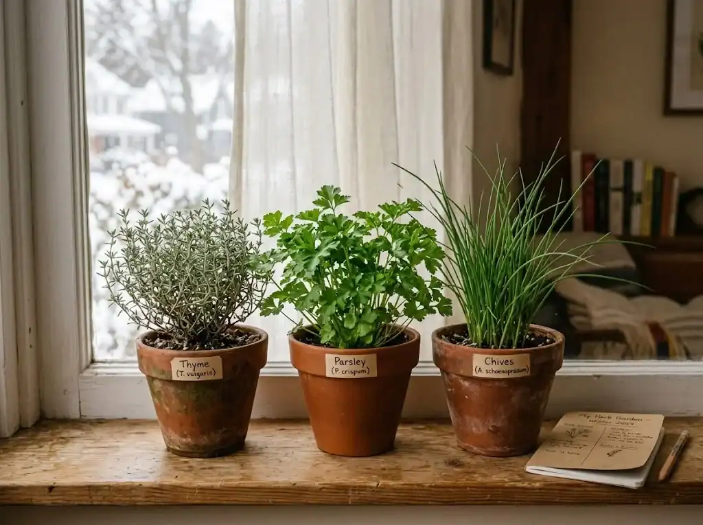 Three small herb planters with thyme, parsley, and chive overwintering on a wooden windowsill behind sheer curtains