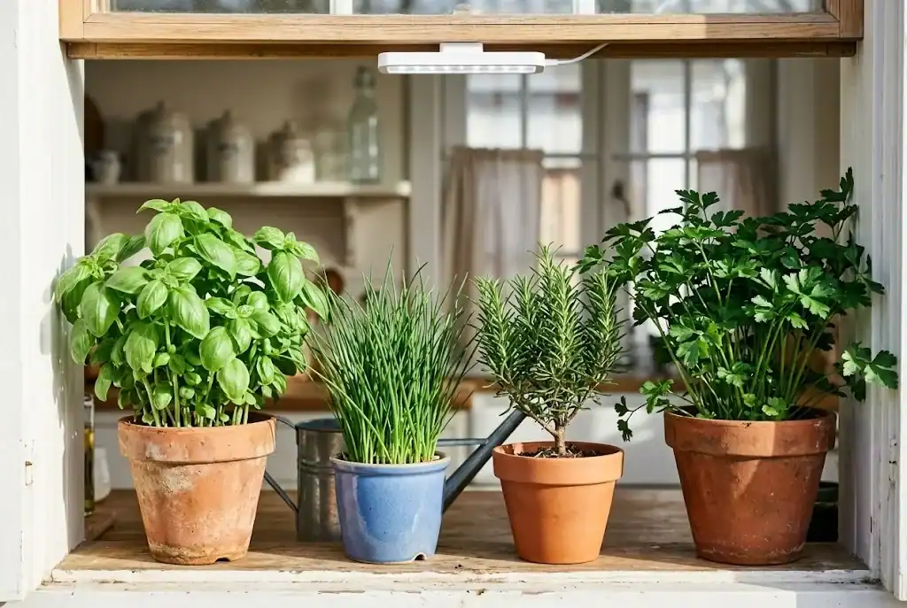 Four established potted herbs on a sunny sill including basil, chives, rosemary, and parsley