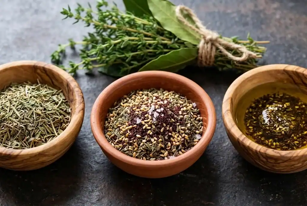 Traditional spice bowls of Middle Eastern zaatar, Herbes de Provence, and a tied fresh bouquet garni bundle