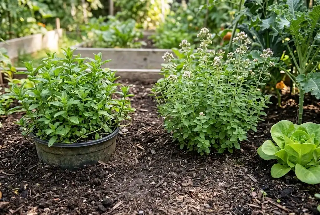 Mint contained in a sunken plastic pot with oregano growing 18 inches away