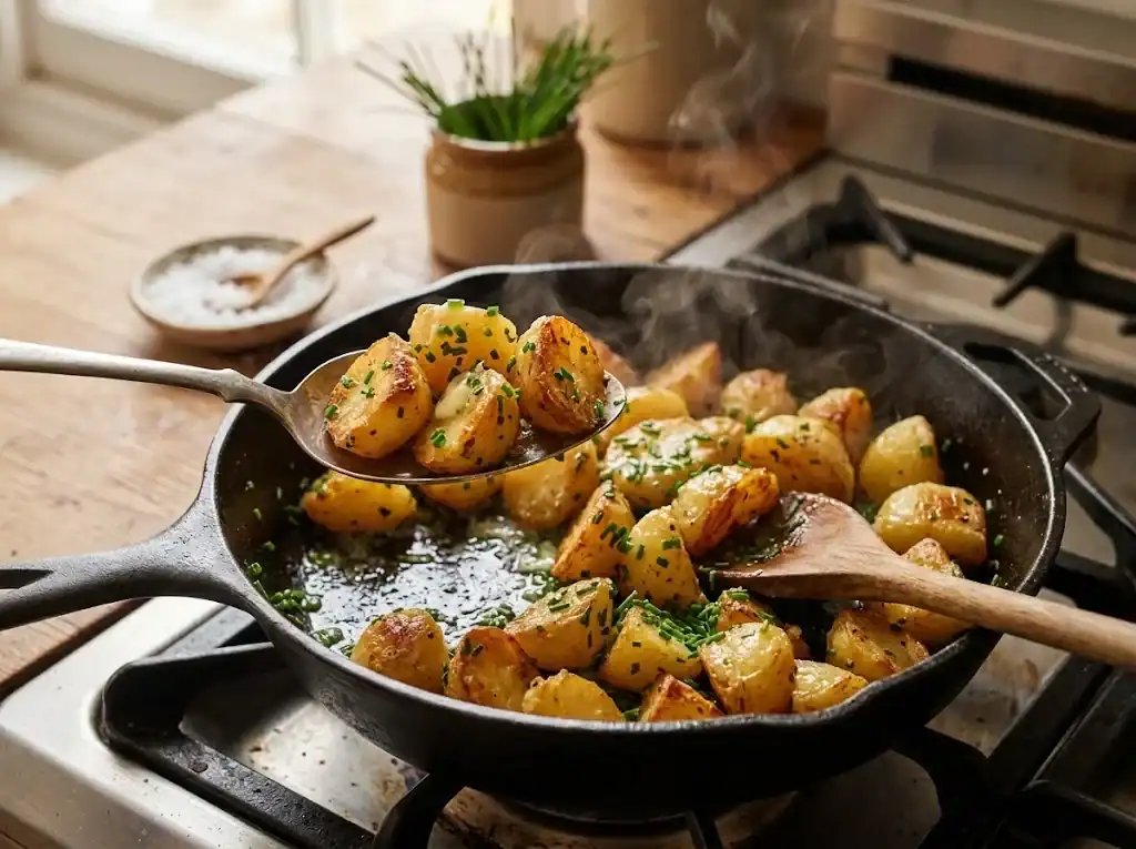 A skillet of golden roasted potatoes being tossed with butter and a generous handful of chopped chives
