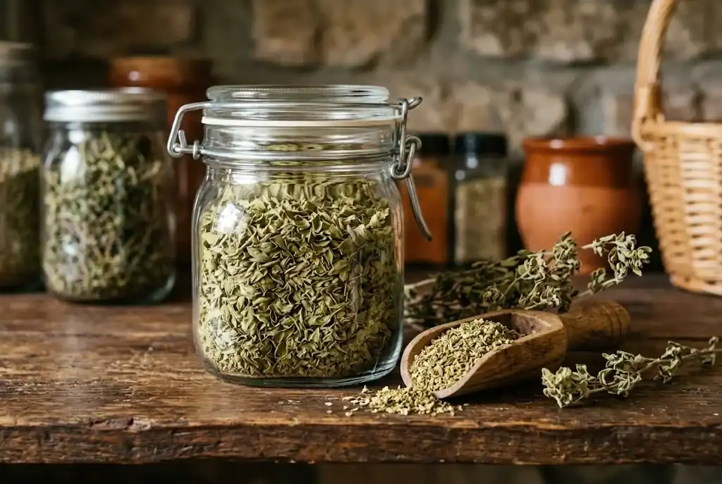 Whole uncrushed dried Greek oregano leaves stored in an airtight glass mason jar on a wooden pantry shelf