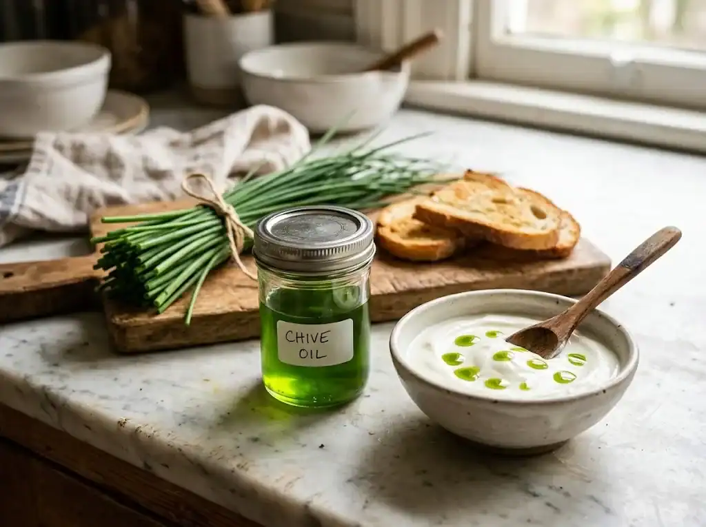 A small glass jar of vivid green chive oil on a kitchen counter next to a bowl of plain yogurt