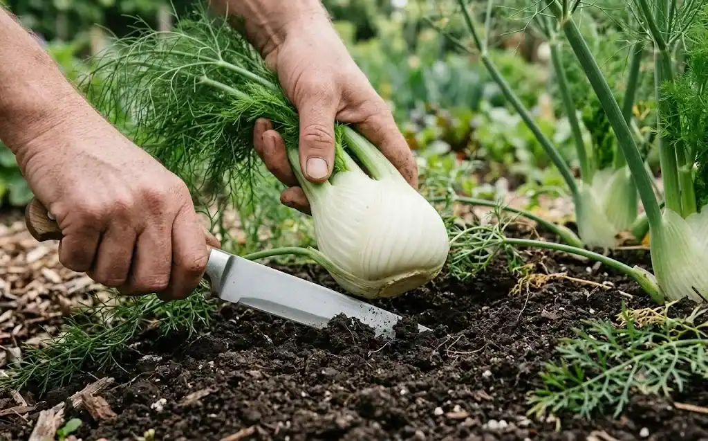 A knife cutting a firm fennel bulb free at soil level, with a harvest basket alongside