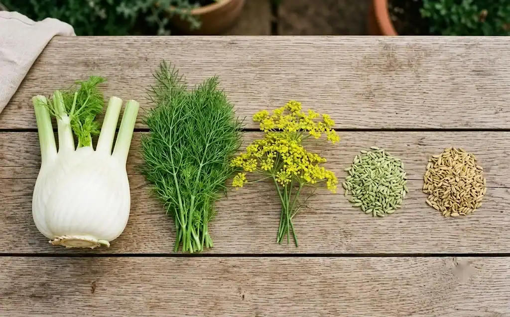 A whole fennel plant laid out showing its white bulb, stalks, feathery fronds and yellow flower head