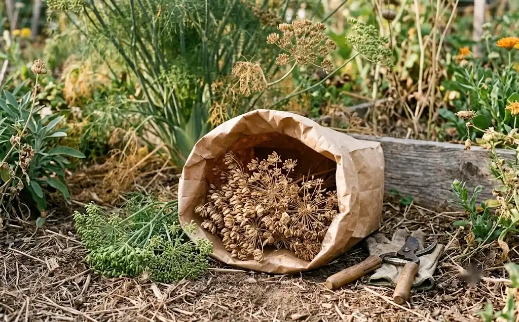 Tan dried fennel seed heads cut into a paper bag, with loose seeds gathered in a small jar