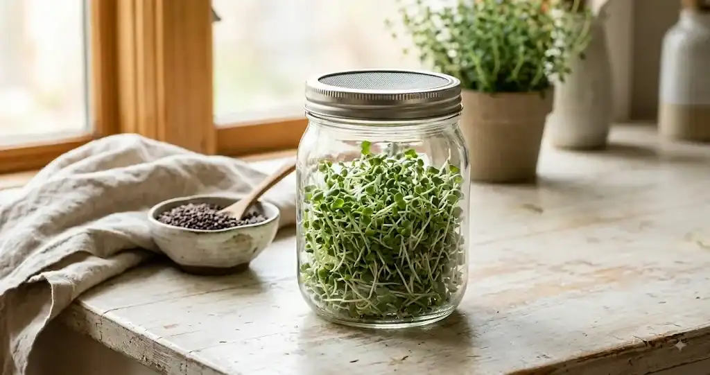 Glass jar filled with fresh green broccoli sprouts on a bright kitchen counter