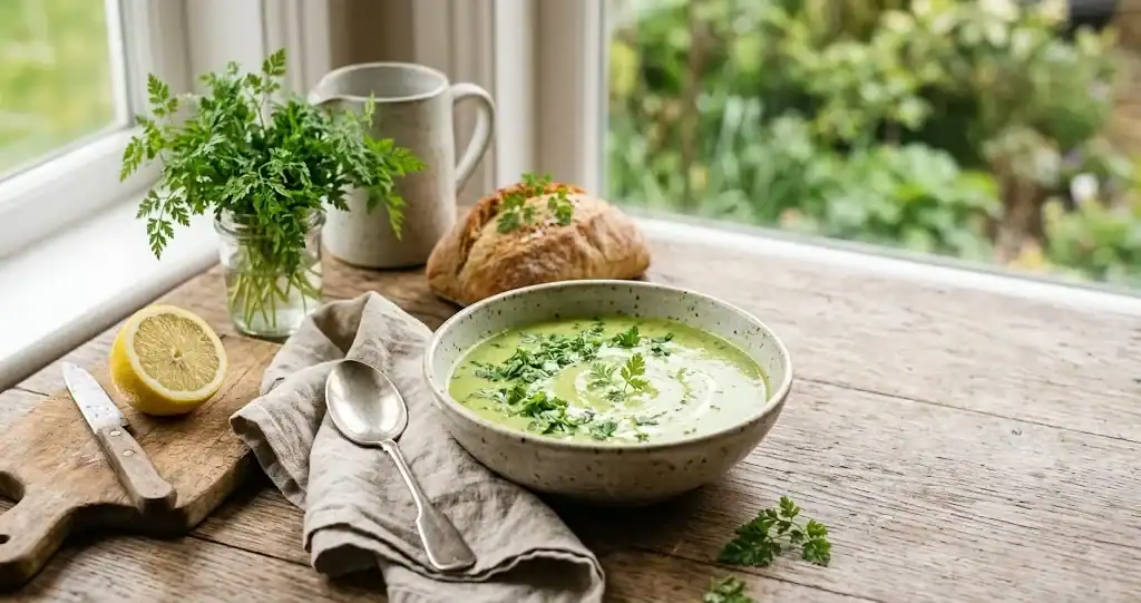 A bowl of pale green pea and chervil soup on a sunlit windowsill table, with a jar of lacy fresh chervil, a halved lemon and a crusty loaf alongside