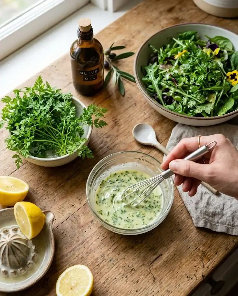 A hand whisking pale green chervil vinaigrette in a glass bowl beside lacy chervil, olive oil, lemon, and a bowl of salad leaves